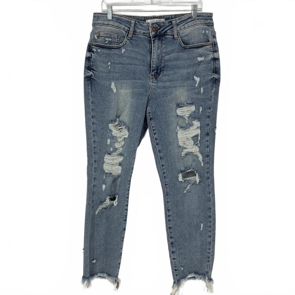 Judy Blue Womens Distressed with Holes Blue Denim Skinny Fit Jeans, 14W